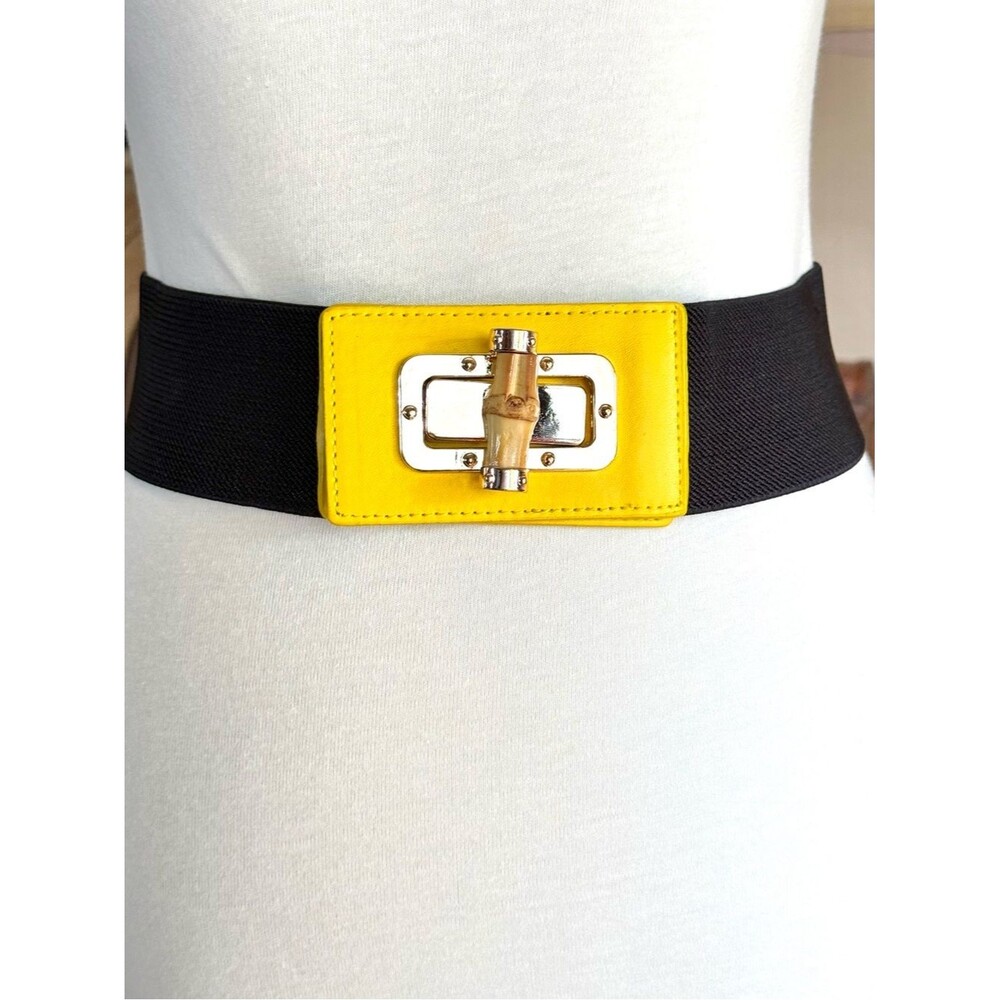 NEW Faux Leather Yellow Buckle Elastic Waist Belt  26”-32”